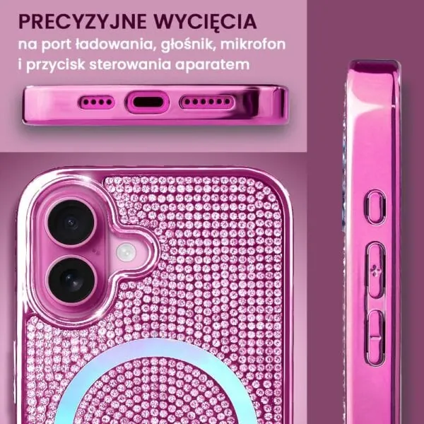 Etui do iPhone 16 Magsafe Tresury Case, diamentowe, z błyszczącą ramką, różowe (4)