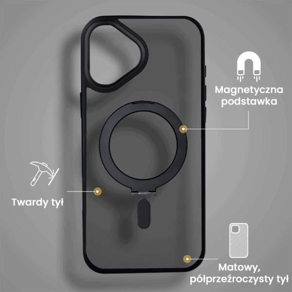 Etui do iPhone 16 Metal Cam MagSafe Stand z podstawką, twarde, półprzeźroczyste, czarne (4)