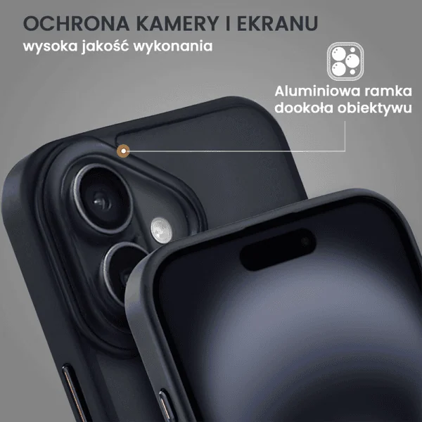 Etui do iPhone 16 Metal Cam MagSafe Stand z podstawką, twarde, półprzeźroczyste, czarne (7)