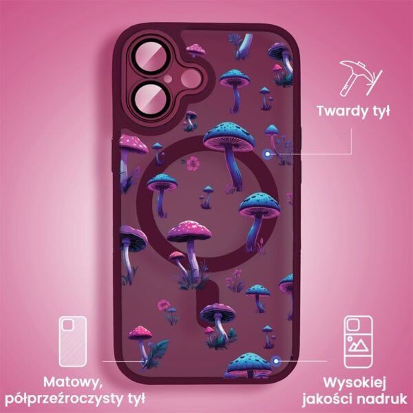 Etui do iPhone 16 Plus Color Flush z Magsafe, z osłoną aparatu, z nadrukiem magiczne grzybki, wiśniowe (3)