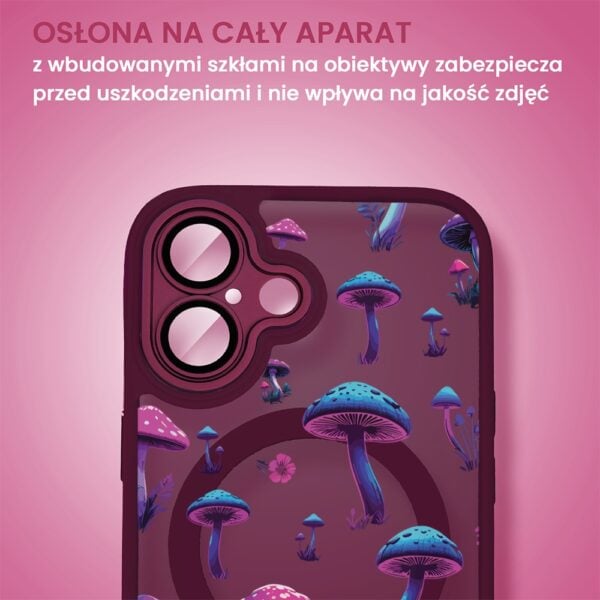 Etui do iPhone 16 Plus Color Flush z Magsafe, z osłoną aparatu, z nadrukiem magiczne grzybki, wiśniowe (6)