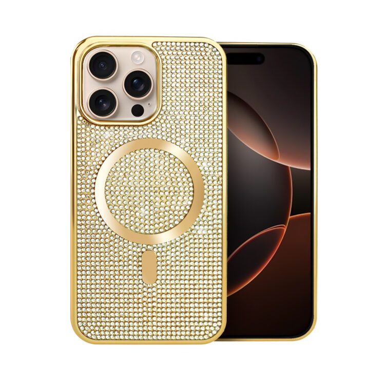 Etui do iPhone 16 Pro Magsafe Tresury Case, diamentowe, z błyszczącą ramką, złote (1)