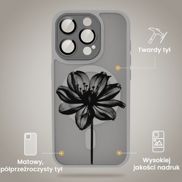 Etui do iPhone 16 Pro Max Color Flush z Magsafe, z osłoną aparatu, z nadrukiem czarny kwiat, tytanowe (4)
