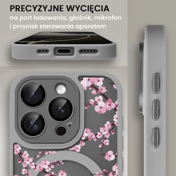 Etui do iPhone 16 Pro Max Color Flush z Magsafe, z osłoną aparatu, z nadrukiem sakura, kwiat wiśni, tytanowe (1)