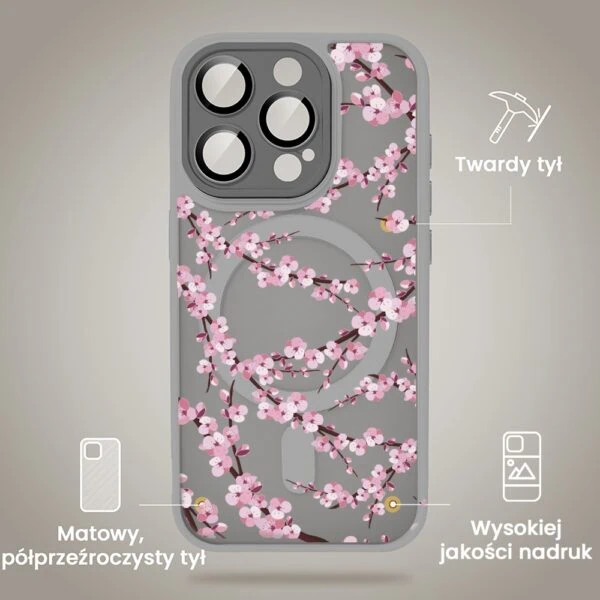 Etui do iPhone 16 Pro Max Color Flush z Magsafe, z osłoną aparatu, z nadrukiem sakura, kwiat wiśni, tytanowe (3)