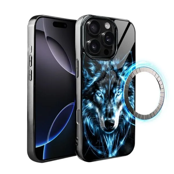Etui do iPhone 16 Pro Max, Elite Glass z MagSafe, szklany tył, lodowy wilk, czarny chrom (1)