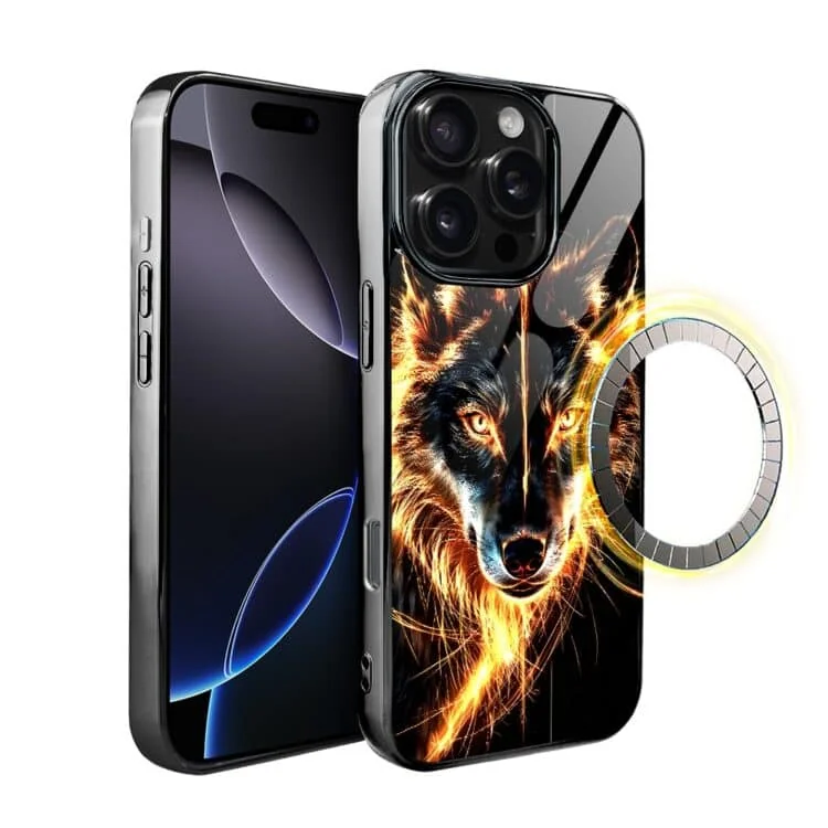 Etui do iPhone 16 Pro Max, Elite Glass z MagSafe, szklany tył, ognisty wilk, czarny chrom (2)