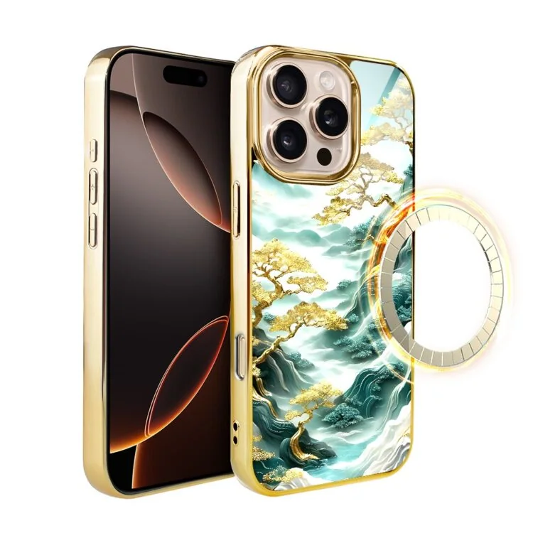 Etui do iPhone 16 Pro Max, Elite Glass z MagSafe, szklany tył, złote drzewa w stylu japońskim, złote (2)