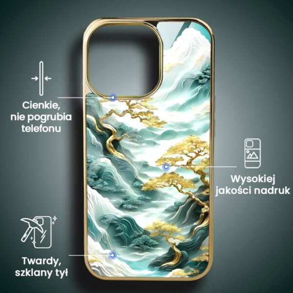 Etui do iPhone 16 Pro Max, Elite Glass z MagSafe, szklany tył, złote drzewa w stylu japońskim, złote (3)