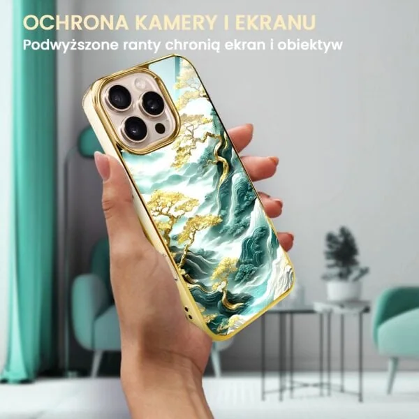 Etui do iPhone 16 Pro Max, Elite Glass z MagSafe, szklany tył, złote drzewa w stylu japońskim, złote (6)