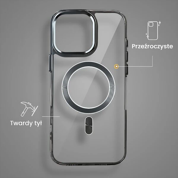 Etui do iPhone 16 Pro Max Super Hybrid z MagSafe, twardy tył, metalowe ozdoby, czarne (4)
