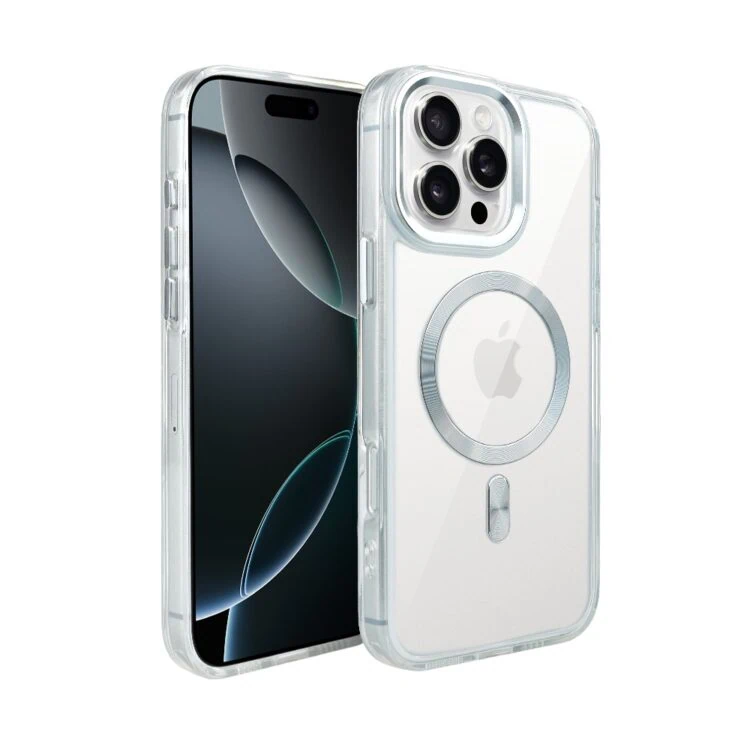 Etui do iPhone 16 Pro Max Super Hybrid z Magsafe, twardy tył, metalowe ozdoby, srebrne (1)