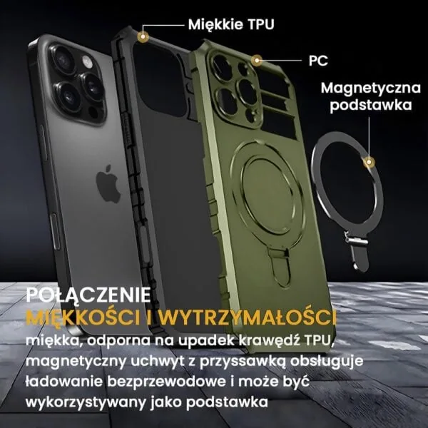 Etui do iPhone 16 Pro Max, pancerne, z osłoną aparatu i metalową podstawką MagSafe, wojskowa zieleń (1)