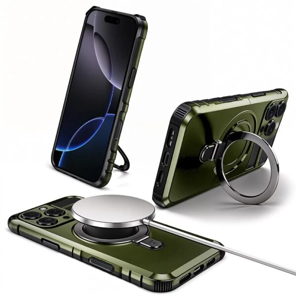 Etui do iPhone 16 Pro Max, pancerne, z osłoną aparatu i metalową podstawką MagSafe, wojskowa zieleń (2)