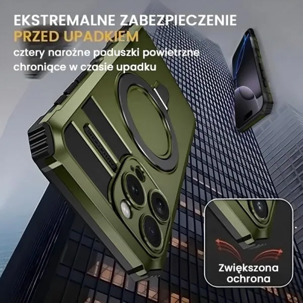 Etui do iPhone 16 Pro Max, pancerne, z osłoną aparatu i metalową podstawką MagSafe, wojskowa zieleń (3)