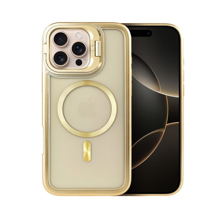 Etui do iPhone 16 Pro Max solidne, pogrubione boki, wbudowana podstawka, twardy tył z Magsafe, złote (2)