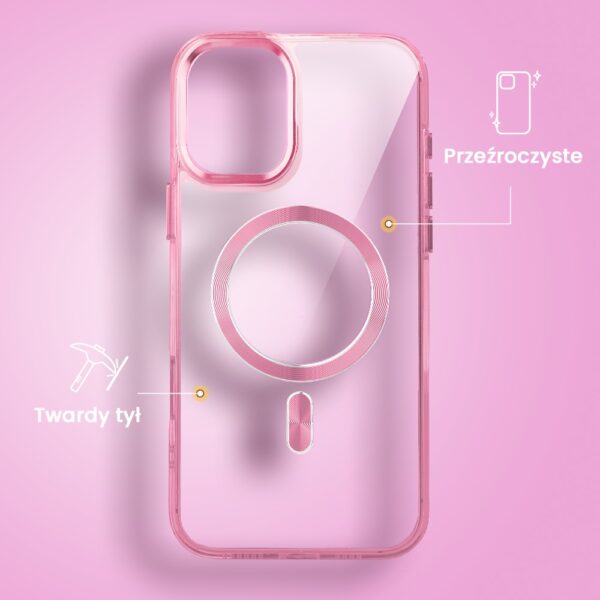 Etui do iPhone 16 Super Hybrid z MagSafe, twardy tył, metalowe ozdoby, różowe (4)
