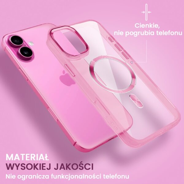 Etui do iPhone 16 Super Hybrid z MagSafe, twardy tył, metalowe ozdoby, różowe (6)