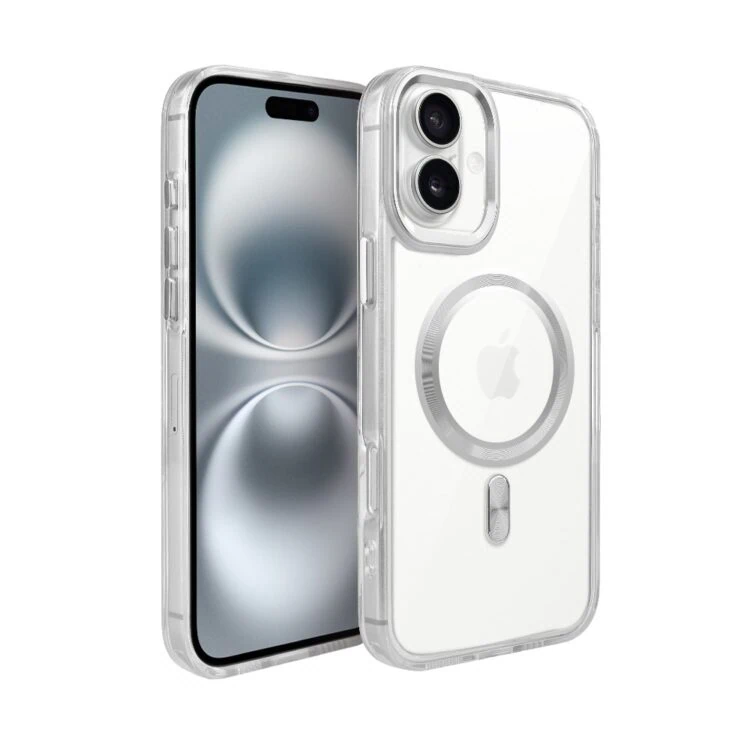 Etui do iPhone 16 Super Hybrid z MagSafe, twardy tył, metalowe ozdoby, srebrne (2)