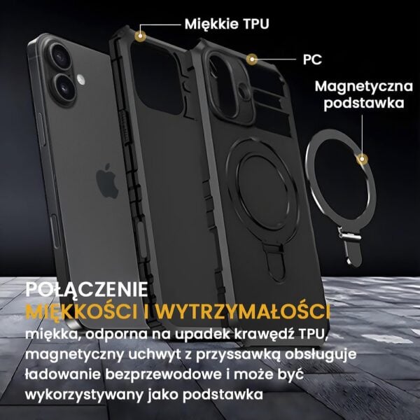 Etui do iPhone 16, pancerne, z osłoną aparatu i metalową podstawką MagSafe, czarne (3)