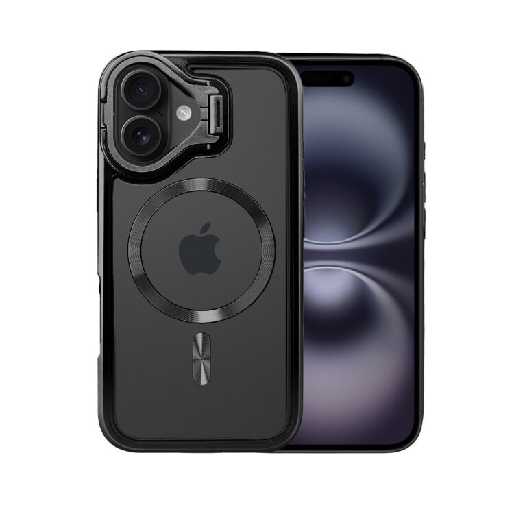 Etui do iPhone 16 solidne, pogrubione boki, wbudowana podstawka, twardy tył z MagSafe, czarne (7)