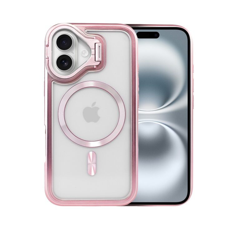 Etui do iPhone 16 solidne, pogrubione boki, wbudowana podstawka, twardy tył z MagSafe, różowe (8)