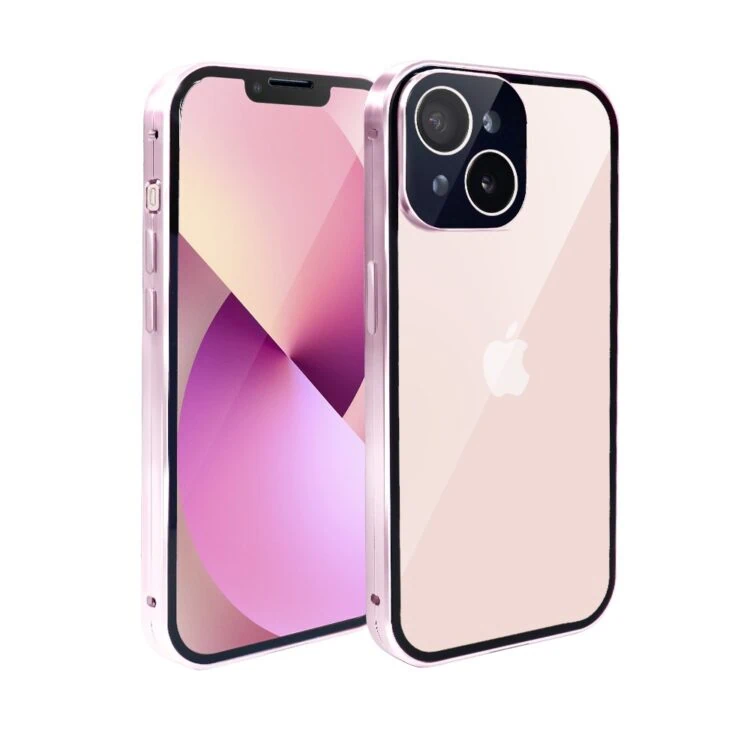 Obudowa do iPhone 13 podwójna szyba i aluminium 360° przód + tył magnetyczna, z osłoną aparatu, różowa (1)