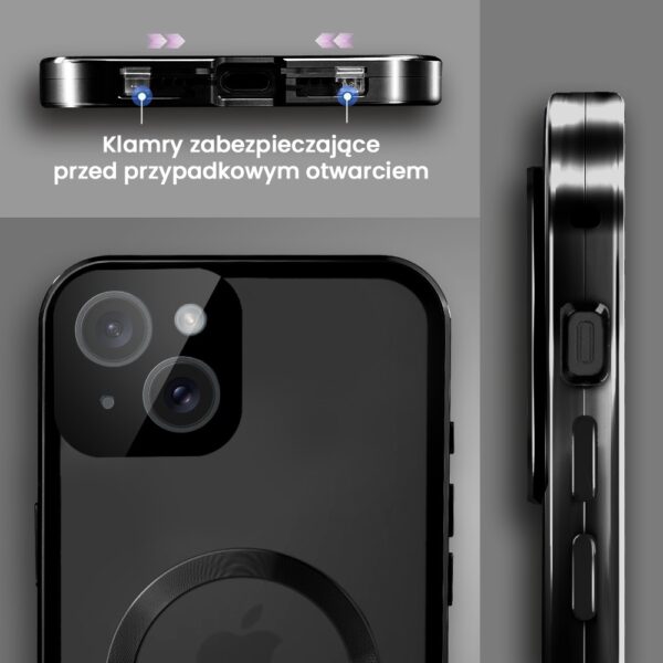 Obudowa do iPhone 14 Plus podwójna szyba i aluminium 360° przód + tył magnetyczna, matowy tył, z MagSafe i osłoną aparatu, czarne (1)