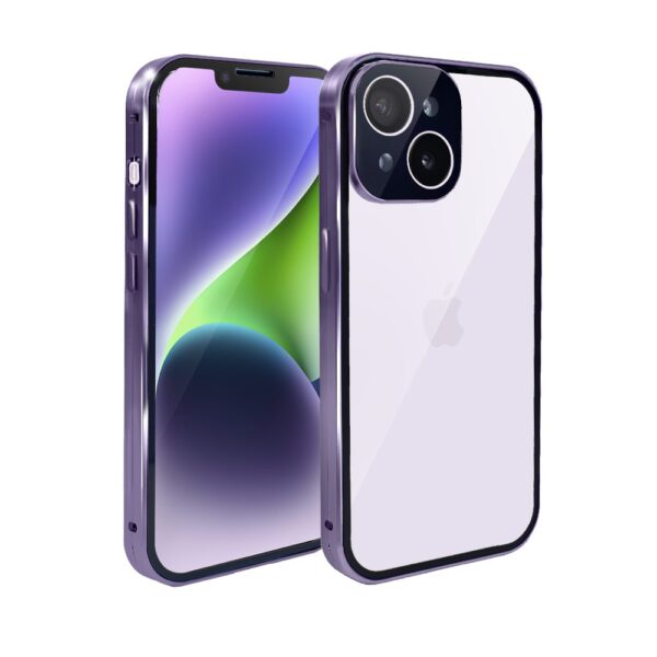 Obudowa do iPhone 14 podwójna szyba i aluminium 360° przód + tył magnetyczna, z osłoną aparatu, fioletowa (2)