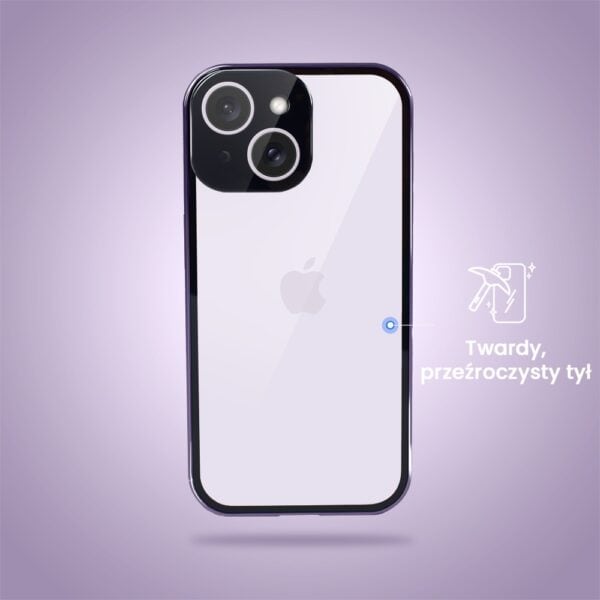 Obudowa do iPhone 14 podwójna szyba i aluminium 360° przód + tył magnetyczna, z osłoną aparatu, fioletowa (5)