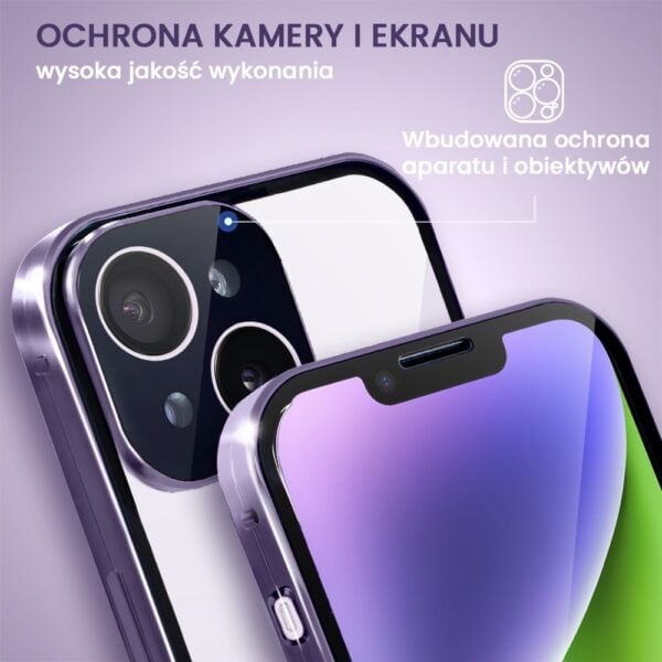 Obudowa do iPhone 14 podwójna szyba i aluminium 360° przód + tył magnetyczna, z osłoną aparatu, fioletowa (6)