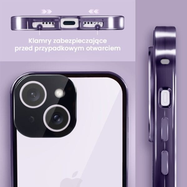 Obudowa do iPhone 14 podwójna szyba i aluminium 360° przód + tył magnetyczna, z osłoną aparatu, fioletowa (7)