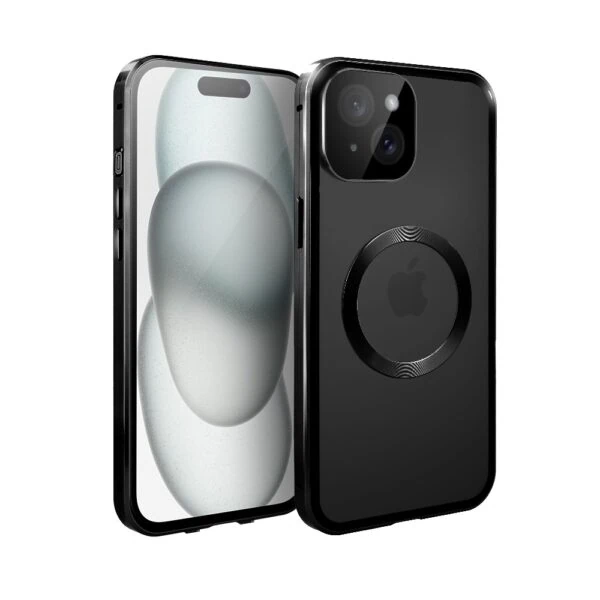 Obudowa do iPhone 15 podwójna szyba i aluminium 360° przód + tył magnetyczna, matowy tył, z MagSafe i osłoną aparatu, czarne (1)