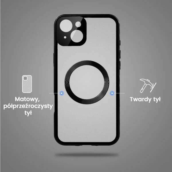 Obudowa do iPhone 15 podwójna szyba i aluminium 360° przód + tył magnetyczna, matowy tył, z MagSafe i osłoną aparatu, czarne (4)