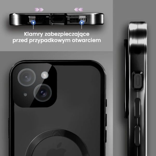 Obudowa do iPhone 15 podwójna szyba i aluminium 360° przód + tył magnetyczna, matowy tył, z MagSafe i osłoną aparatu, czarne (6)