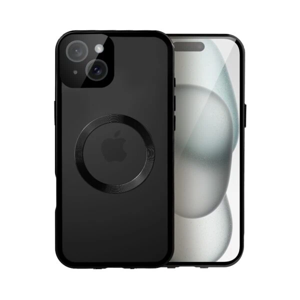 Obudowa do iPhone 15 podwójna szyba i aluminium 360° przód + tył magnetyczna, matowy tył, z MagSafe i osłoną aparatu, czarne (8)