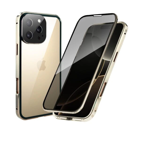 Obudowa do iPhone 16 Pro Max, podwójna szyba i aluminium 360° przód + tył magnetyczna, z osłoną aparatu i szkłem prywatyzującym, tytan pustynny (3)