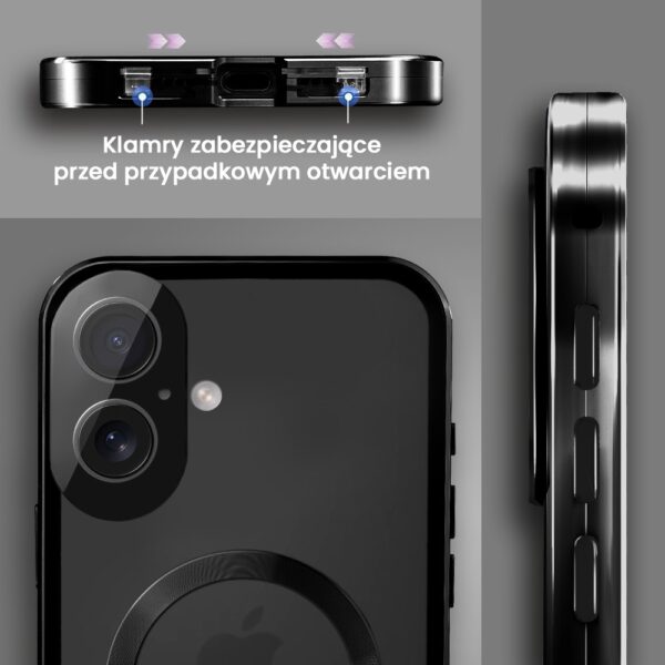 Obudowa do iPhone 16 podwójna szyba i aluminium 360° przód + tył magnetyczna, matowy tył, z MagSafe i osłoną aparatu, czarne (9)