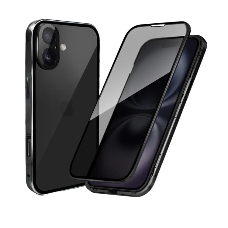 Obudowa do iPhone 16, podwójna szyba i aluminium 360° przód + tył magnetyczna, z osłoną aparatu i szkłem prywatyzującym, czarna (2)