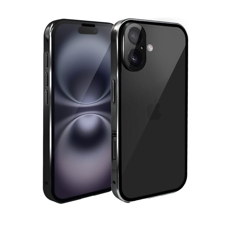 Obudowa do iPhone 16 podwójna szyba i polerowane aluminium 360° magnetyczna, z osłoną aparatu, czarne (6)