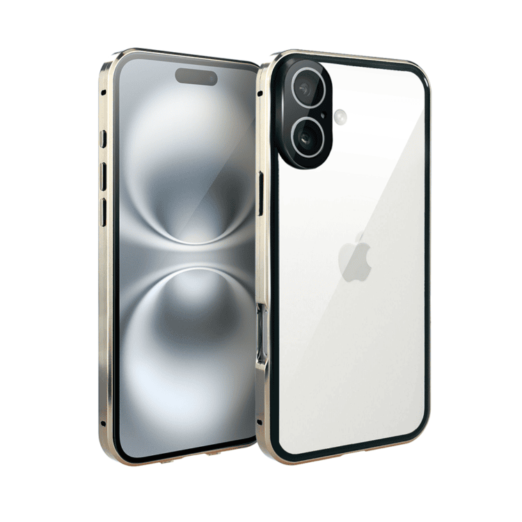 Obudowa do iPhone 16 podwójna szyba i polerowane aluminium 360° magnetyczna, z osłoną aparatu, złote (4)