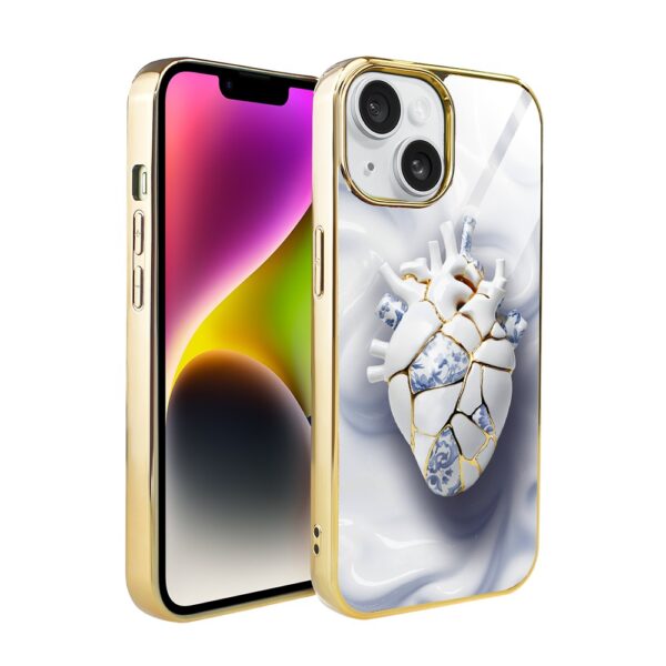 Etui do iPhone 14, Elite Glass, szklany tył, Kintsugi Art, porcelanowe serce, złote (2)
