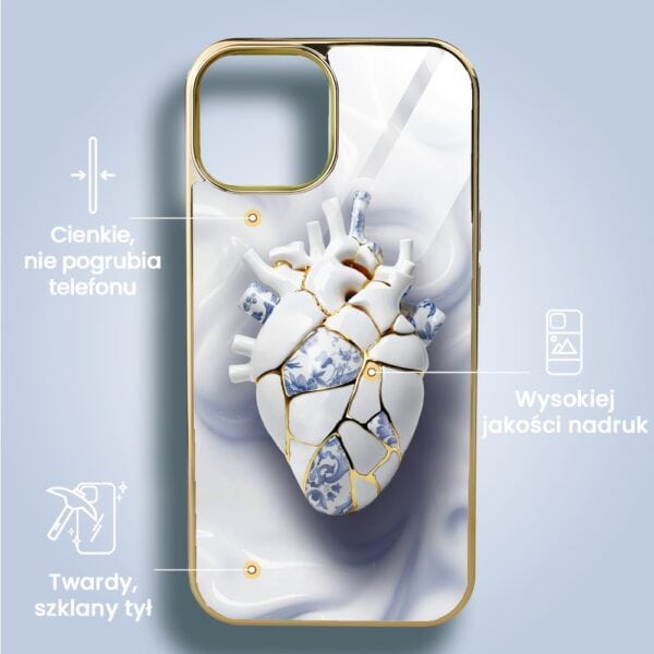 Etui do iPhone 14, Elite Glass, szklany tył, Kintsugi Art, porcelanowe serce, złote (3)