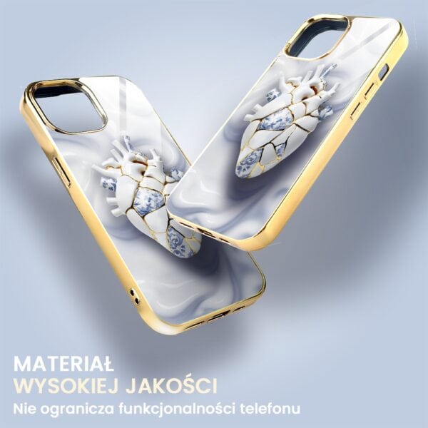 Etui do iPhone 14, Elite Glass, szklany tył, Kintsugi Art, porcelanowe serce, złote (5)