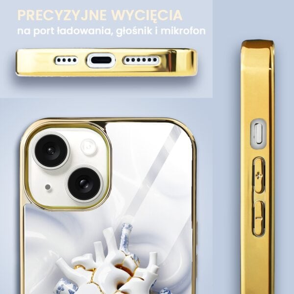 Etui do iPhone 14, Elite Glass, szklany tył, Kintsugi Art, porcelanowe serce, złote (7)