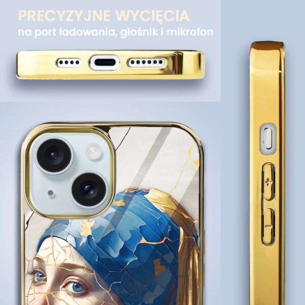 Etui do iPhone 15, Elite Glass, szklany tył, Kintsugi Art, pęknięte piękno, złote (1)