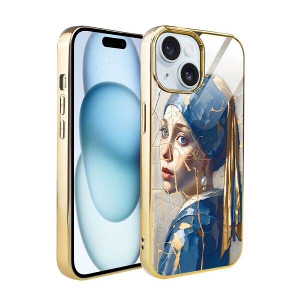 Etui do iPhone 15, Elite Glass, szklany tył, Kintsugi Art, pęknięte piękno, złote (3)