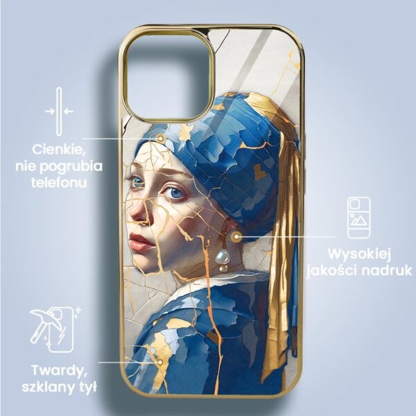 Etui do iPhone 15, Elite Glass, szklany tył, Kintsugi Art, pęknięte piękno, złote (4)