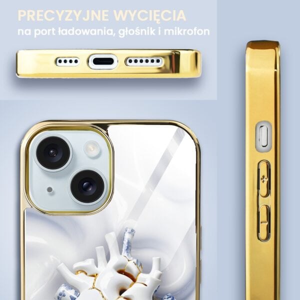 Etui do iPhone 15, Elite Glass, szklany tył, Kintsugi Art, porcelanowe serce, złote (1)