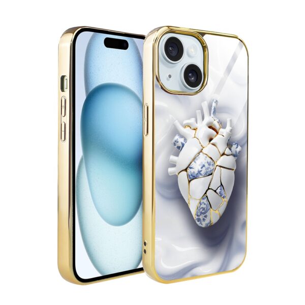 Etui do iPhone 15, Elite Glass, szklany tył, Kintsugi Art, porcelanowe serce, złote (3)